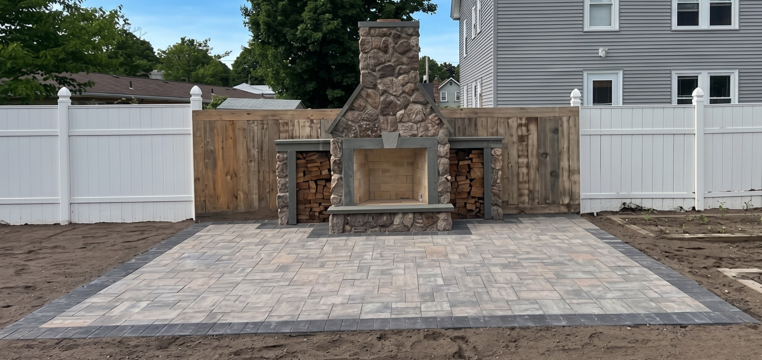 Custom stacked-stone outdoor fireplace with warm fire glow on a paver patio